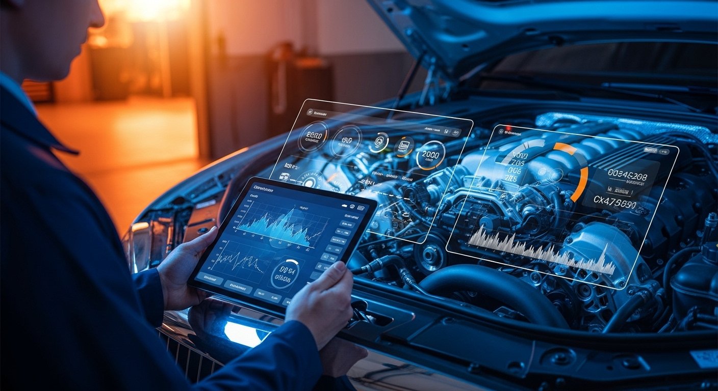 중고차 엔진 위로 디지털 진단 데이터 홀로그램이 떠오르는 모습을 표현한 이미지