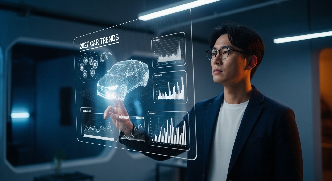 2027년 최신 자동차 트렌드와 기술 데이터를 공학적으로 분석하는 모습