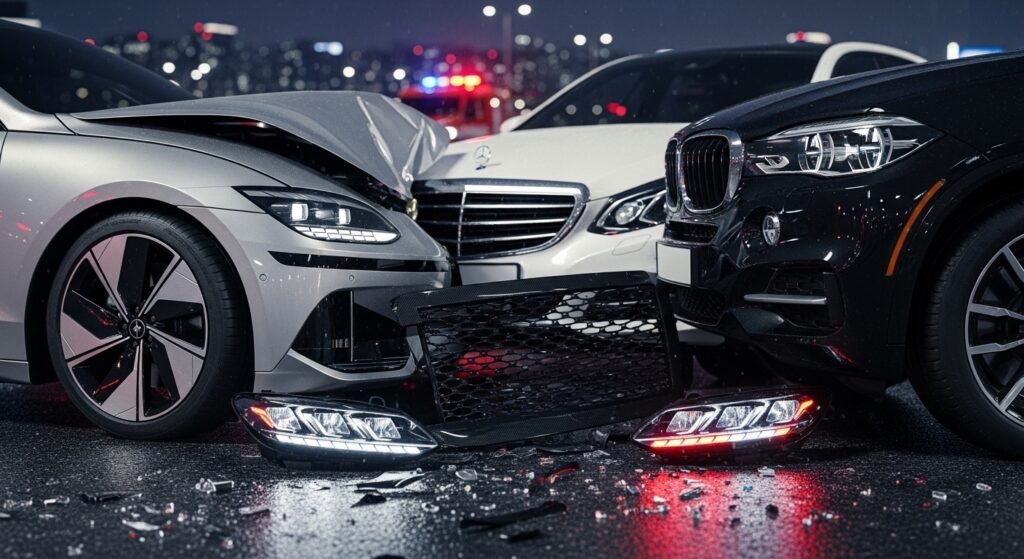자동차 보험 대물 배상 고액 보장 필요성 고가의 수입차 및 전기차 연쇄 추돌 사고 이미지