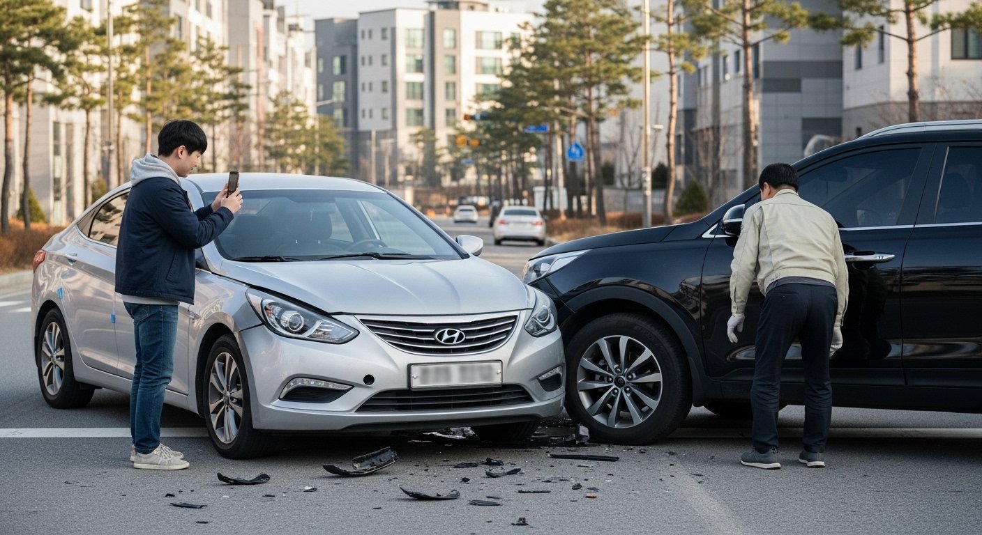 사고 현장에서 침착하게 자동차 사고 대응 데이터를 수집하는 모습