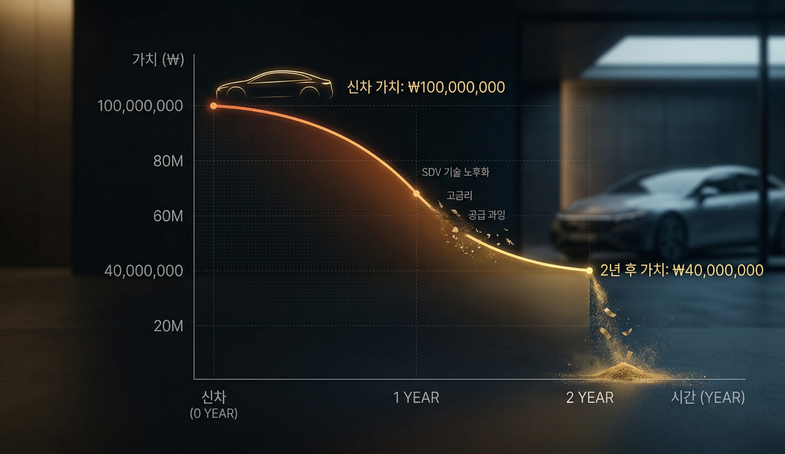 자동차 감가상각 곡선을 시각화한 미니멀한 데이터 차트 이미지