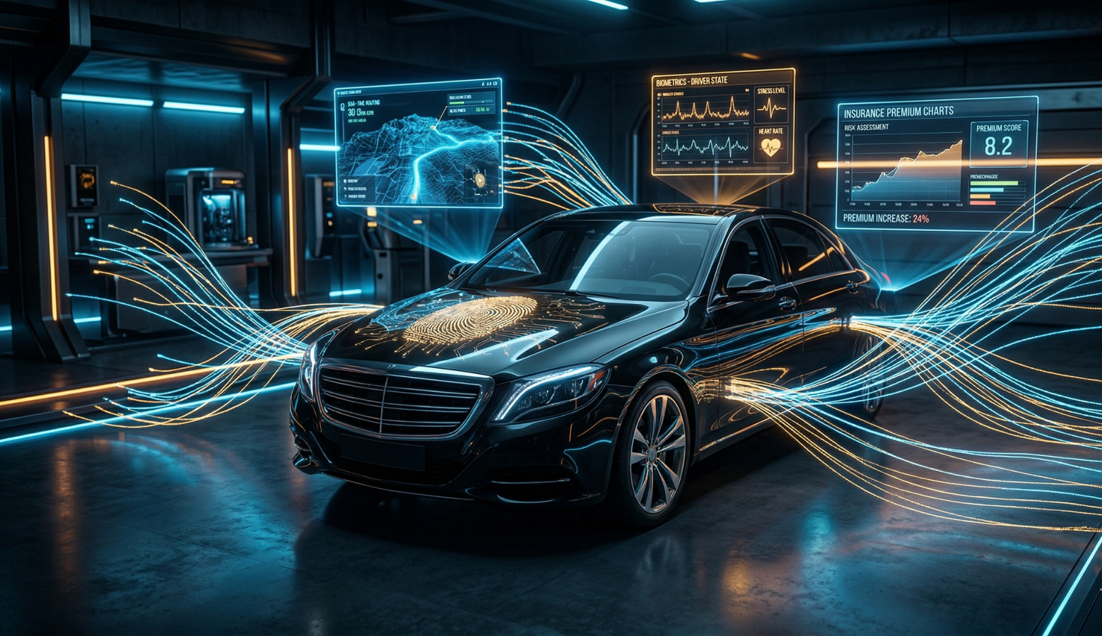 자동차 데이터, 보험료 그래프 등으로 연결되는 모습을 시각화한 이미지