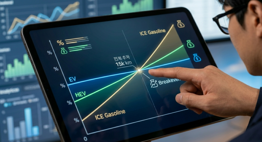 하이브리드 전기차 가솔린 비교 주행거리별 경제적 역전 지점 